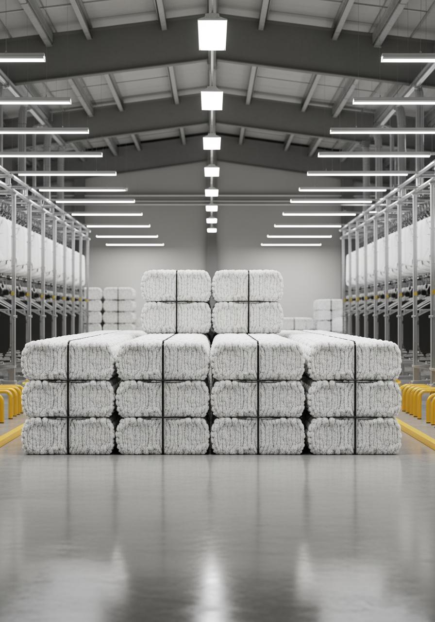 Des balles de coton biologique brut impeccablement empilées dans une usine moderne et propre, représentant les normes de certification élevées comme GOTS et Oeko-Tex.