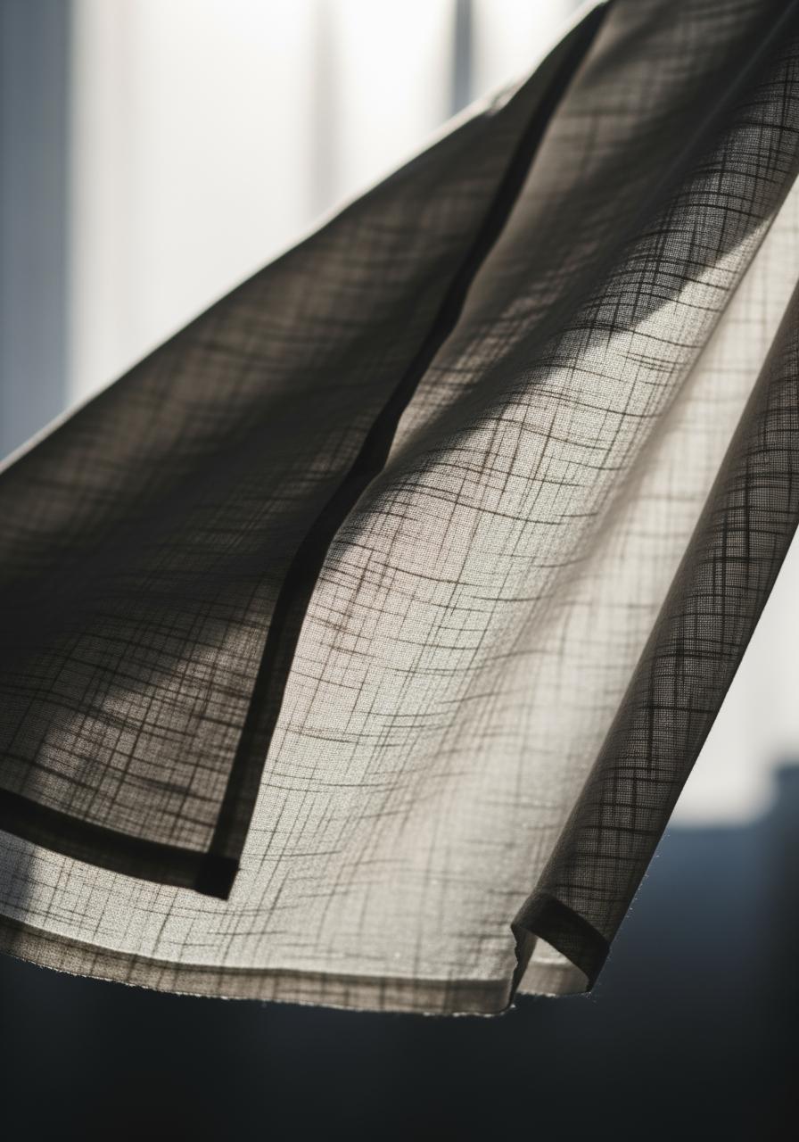 Un drap en coton biologique léger flottant doucement, la lumière passant à travers pour mettre en évidence sa texture respirante, bénéfique contre les allergies.