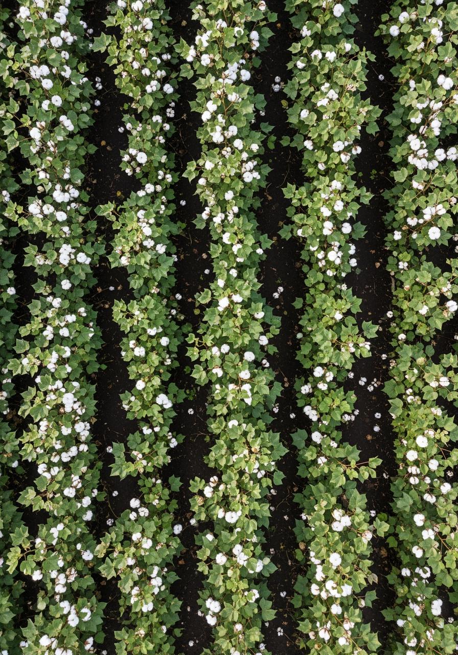 Vue aérienne d'un champ de coton biologique florissant, symbolisant une culture saine et sans produits chimiques, contrastant avec l'agriculture conventionnelle.