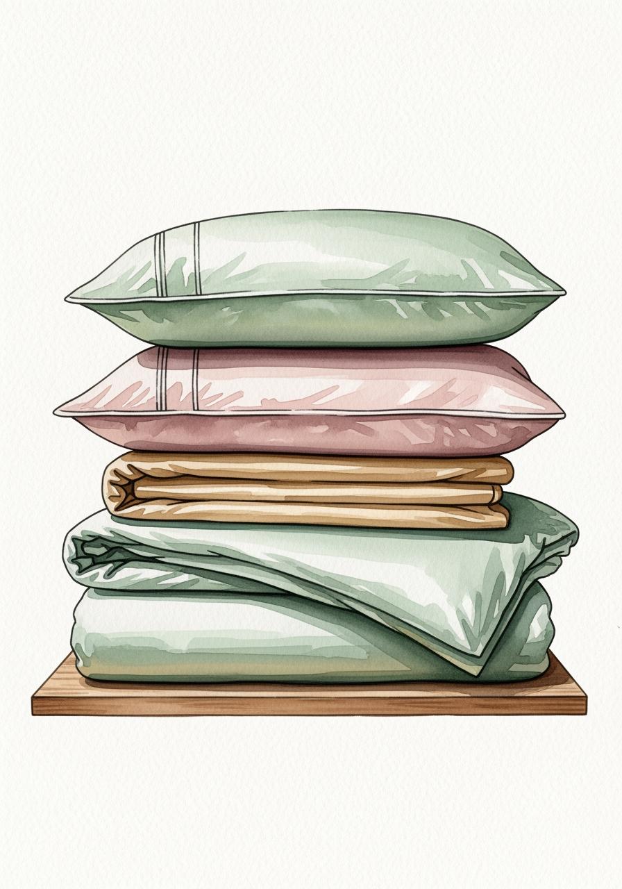 Une illustration à l'aquarelle d'une pile de linge de lit en coton biologique plié dans des tons naturels, illustrant le choix final d'un produit sain et esthétique.
