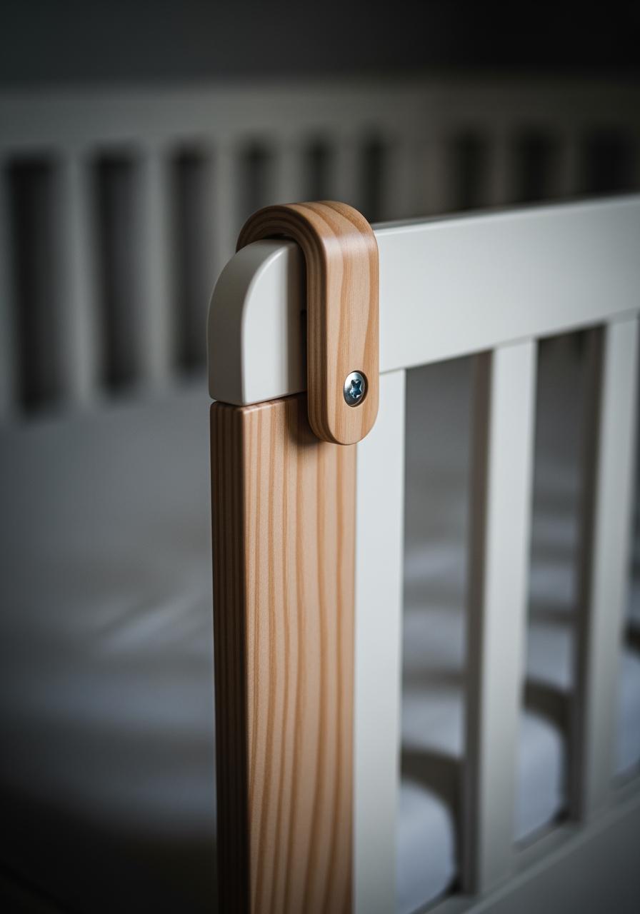Gros plan sur une barrière de sécurité en bois solidement fixée au bord d'un lit d'enfant, soulignant la sécurité.