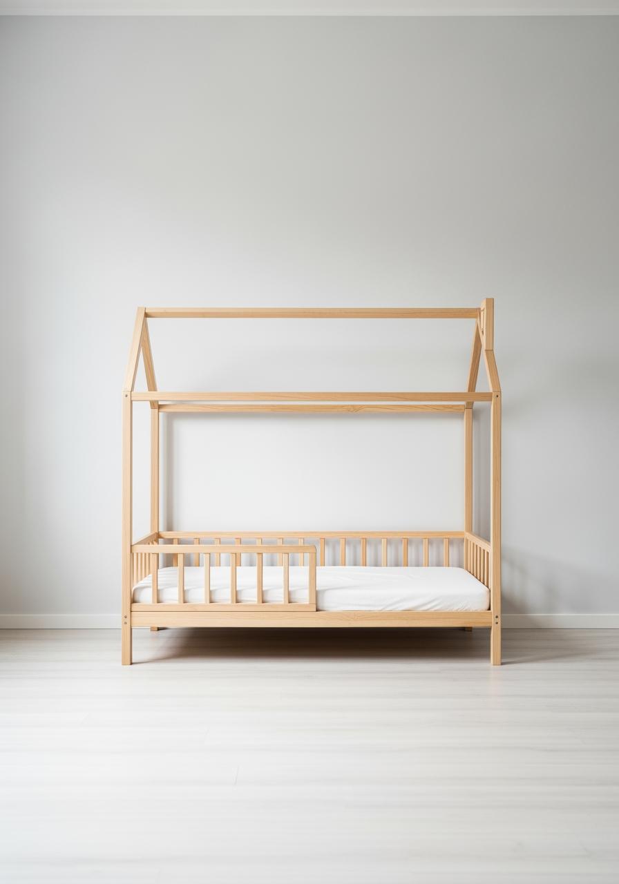 Un lit cabane en bois de style Montessori, non fait, dans une chambre d'enfant minimaliste, illustrant un choix de premier lit.