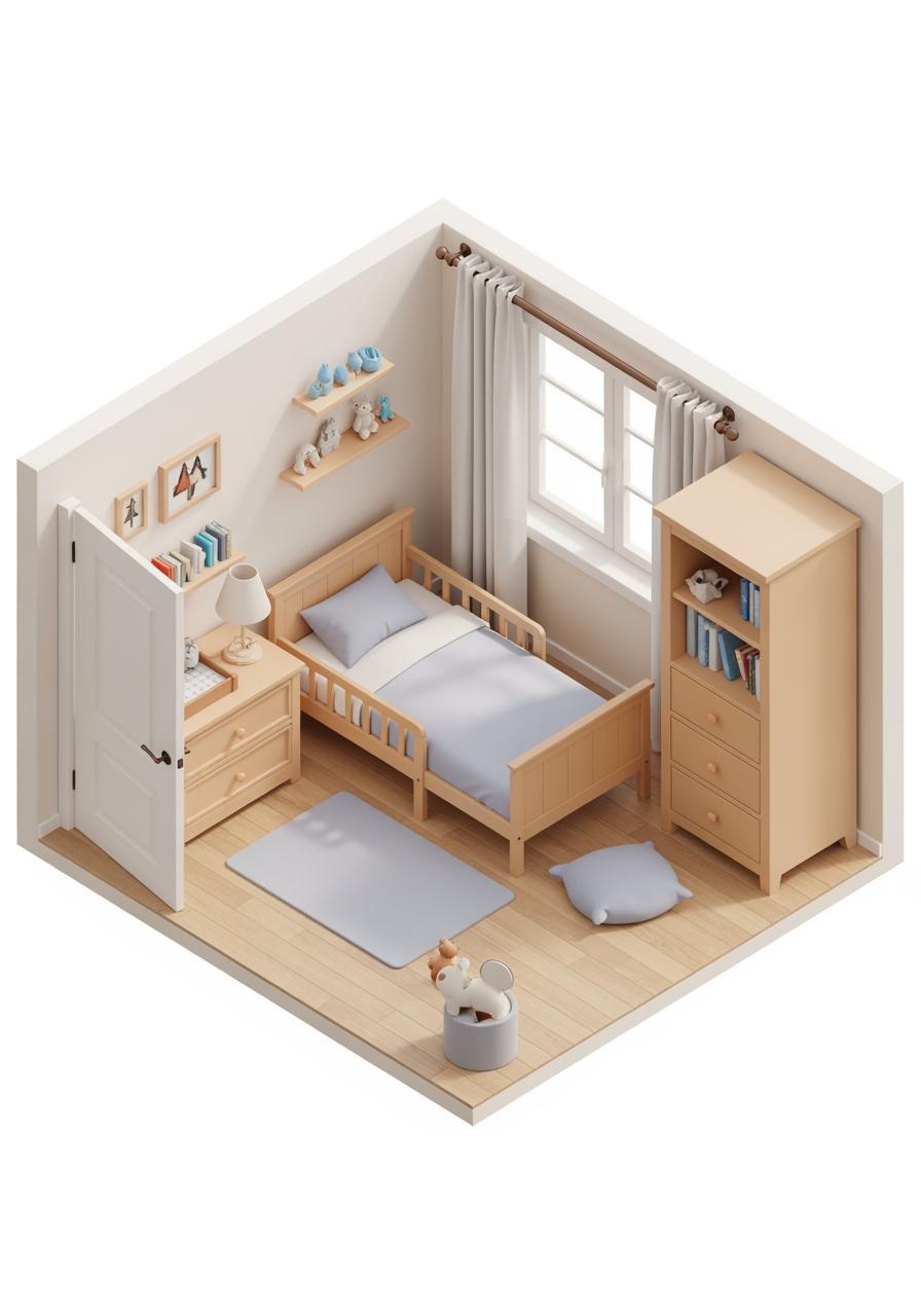 Illustration isométrique en vue de dessus d'un lit d'enfant et d'un tapis doux à côté, symbolisant un plan d'action réussi.