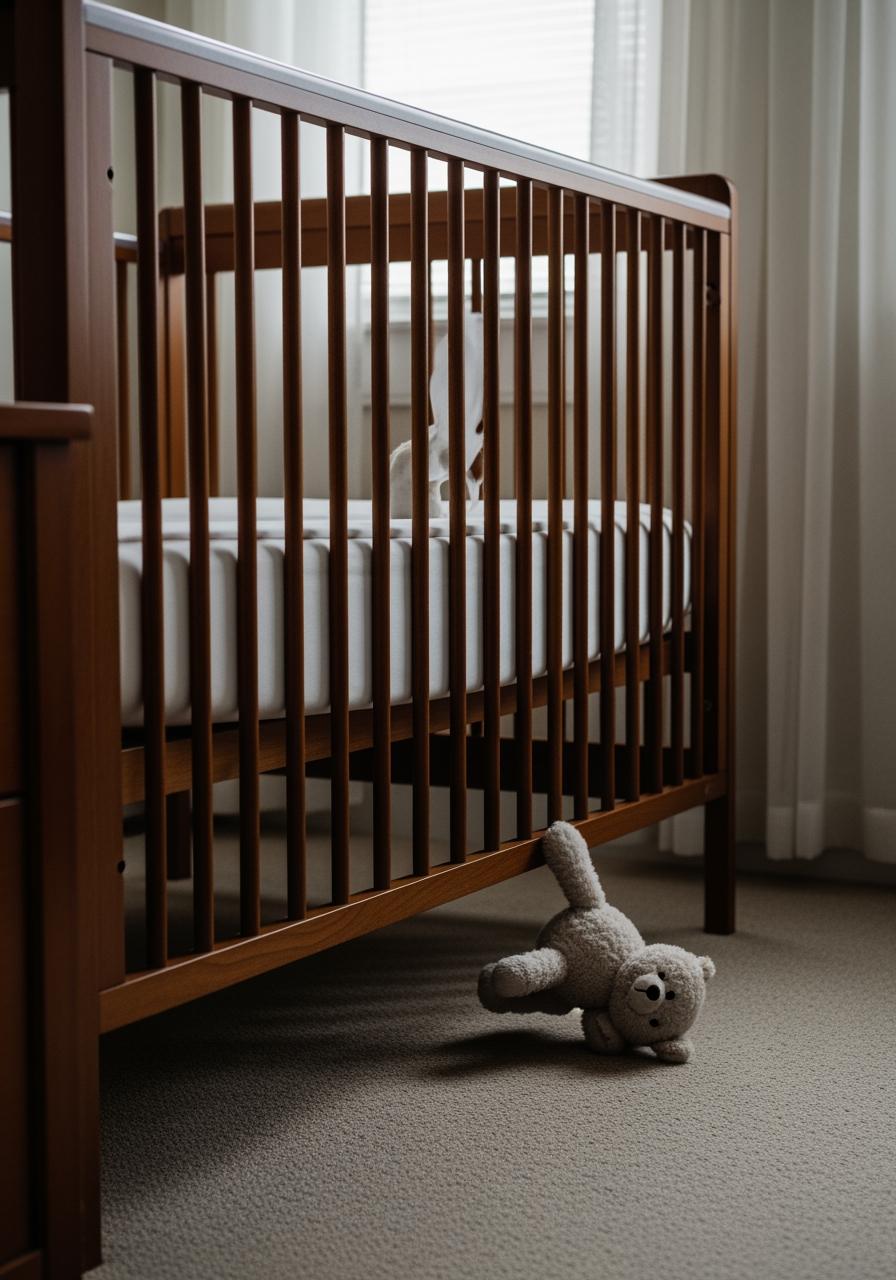 Un lit de bébé à barreaux avec un jouet en peluche posé au sol à côté, suggérant que l'enfant est prêt à en sortir.