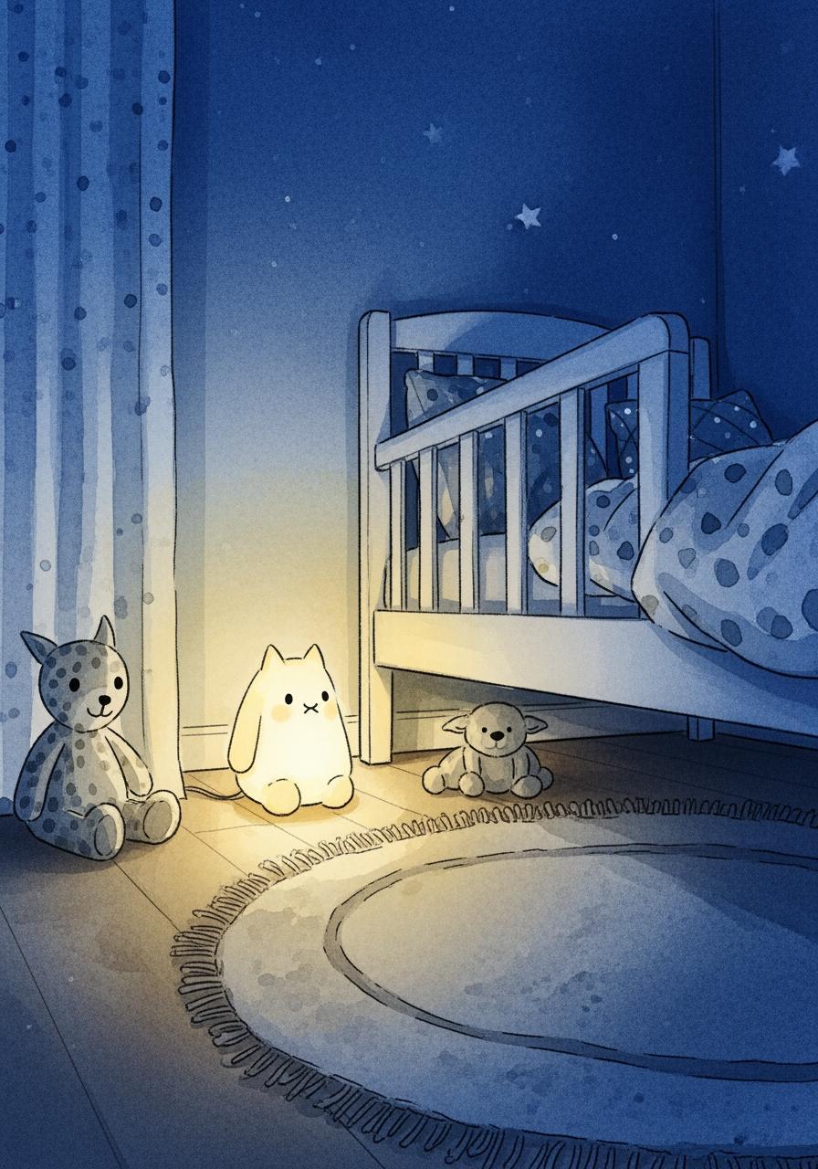 Illustration à l'aquarelle d'un coin de chambre confortable avec une veilleuse allumée, créant une ambiance sereine pour le coucher.