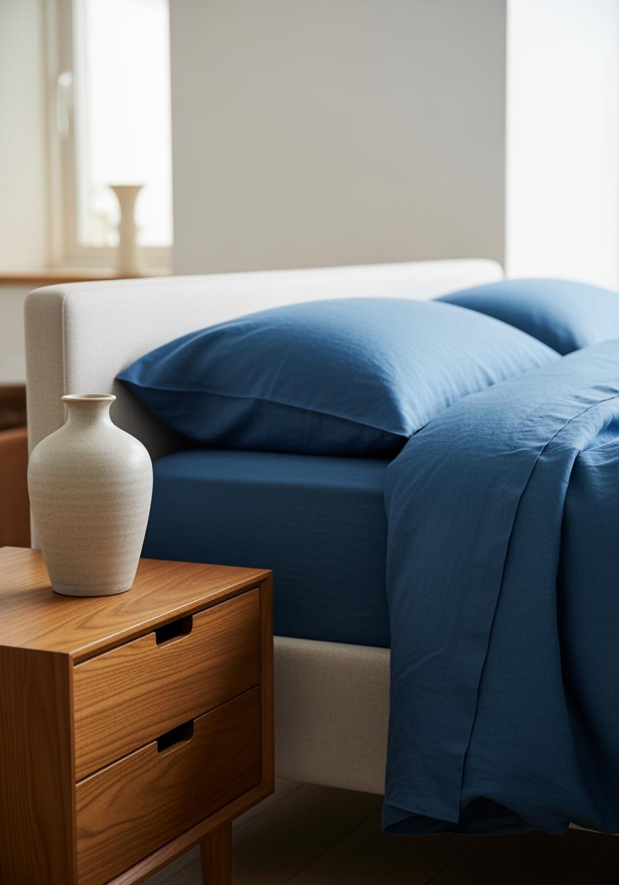 Le coin d'une chambre élégante avec une parure de lit bleu foncé, représentant un choix de décoration éclairé et réussi.
