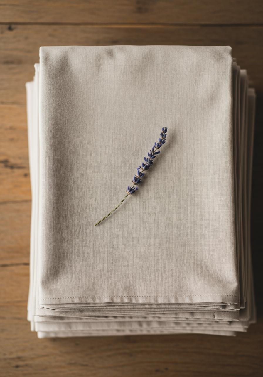 Pile de draps de lit de qualité, beiges, soigneusement pliés, vue de dessus sur une surface en bois.