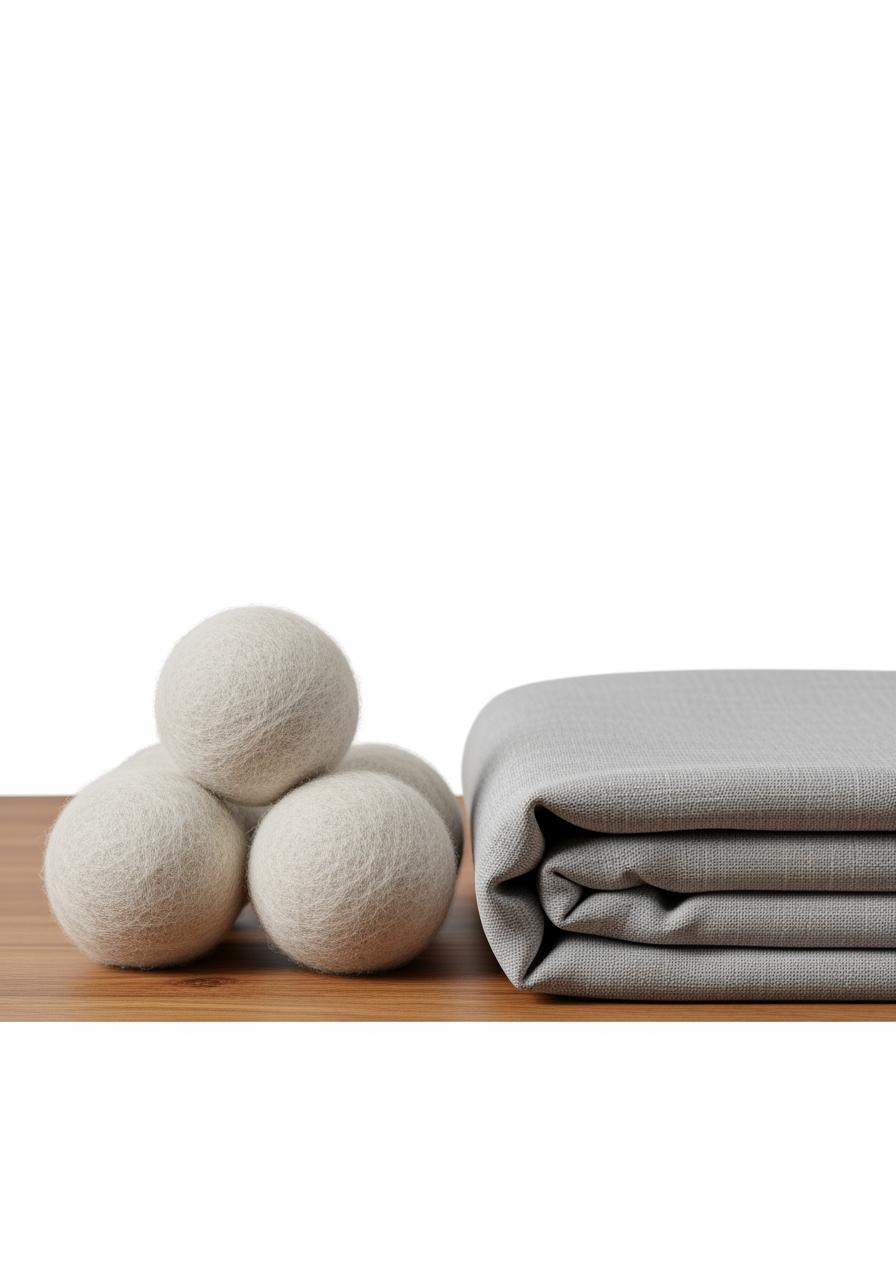 Plusieurs balles de séchage en laine posées à côté d'un drap en lin gris plié, illustrant un accessoire utile pour le sèche-linge.