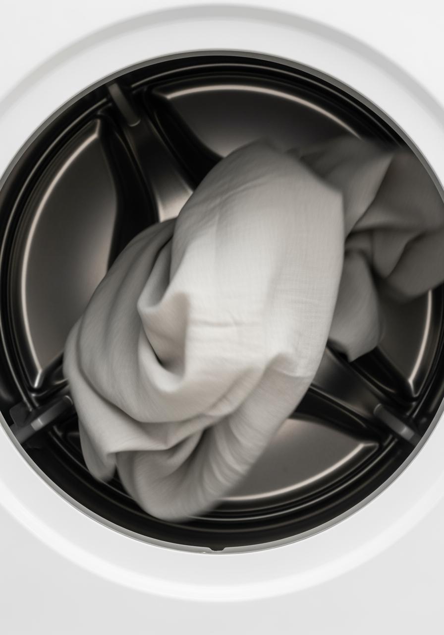 Gros plan sur un drap en lin clair à l'intérieur du tambour d'un sèche-linge, symbolisant un cycle de séchage délicat et contrôlé.