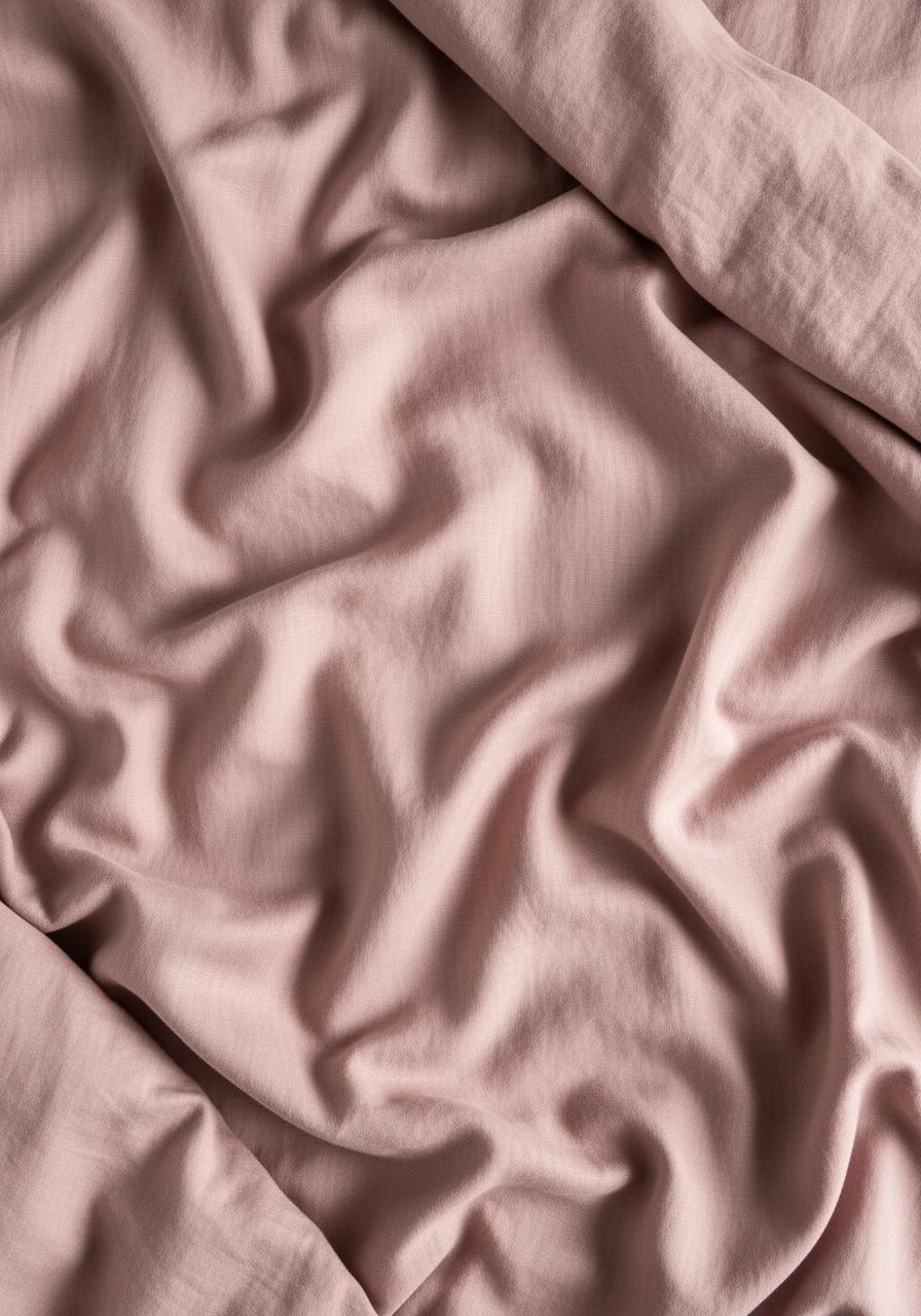 Vue de dessus d'une housse de couette en lin lavé couleur rose poudré, montrant sa texture souple et naturellement froissée.