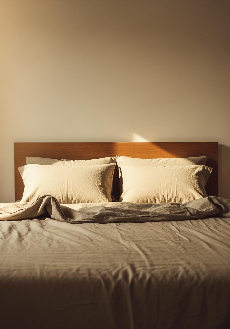 Un lit parfaitement fait avec des draps en lin couleur avoine dans une chambre sereine baignée de lumière chaude, le résultat idéal d'un bon entretien.