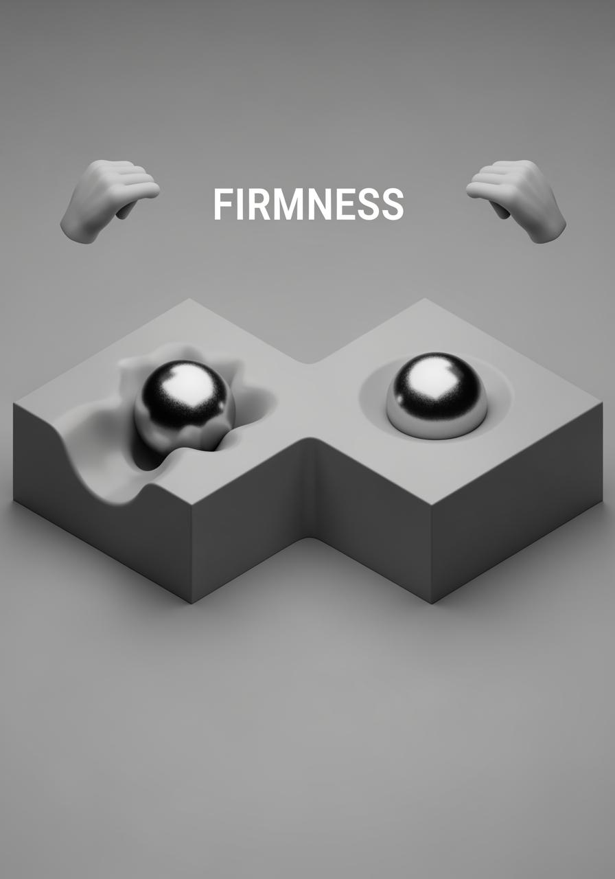 Illustration conceptuelle comparant la fermeté : une sphère s'enfonce dans un bloc mou à gauche, et à peine dans un bloc ferme à droite.