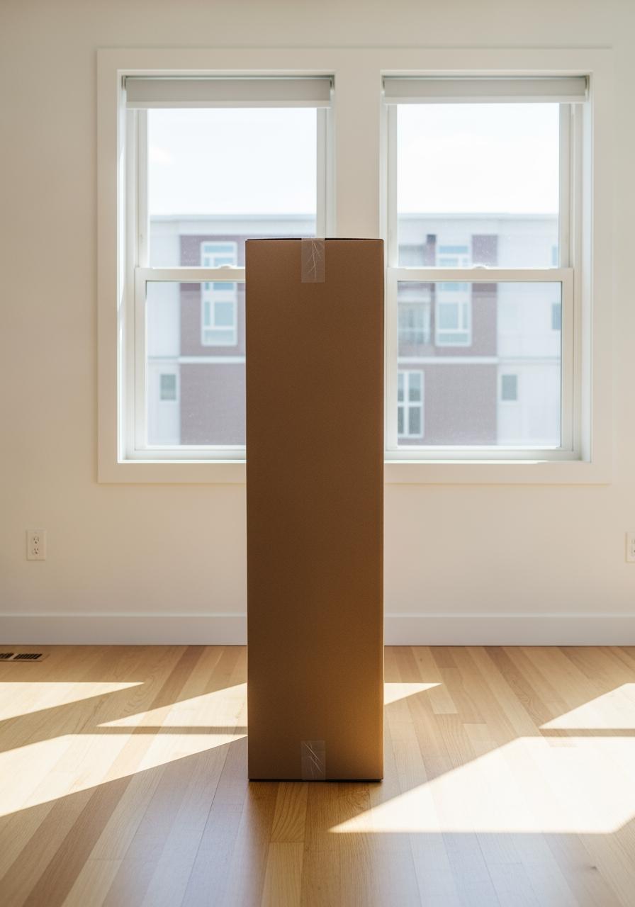 Une grande boîte en carton non marquée, contenant un matelas, livrée dans une pièce vide, symbolisant l'achat en ligne et la période d'essai.