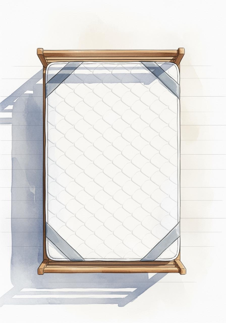 Illustration en aquarelle vue de dessus d'un nouveau matelas sur un sommier, représentant la satisfaction finale avant de valider son achat.