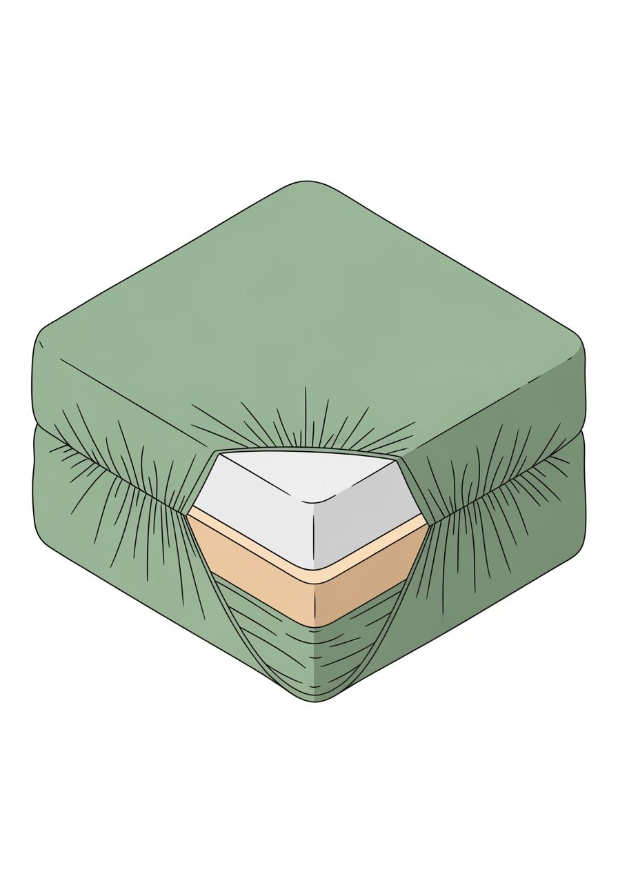 Illustration isométrique montrant un drap housse à bonnet profond enveloppant parfaitement un matelas très épais et un surmatelas.