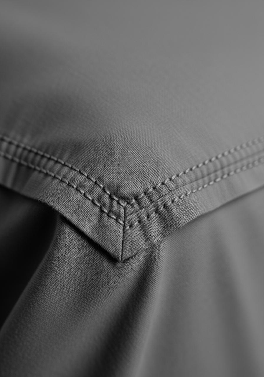 Vue macro d'une couture d'angle renforcée sur un drap housse gris, montrant une double piqûre épaisse et solide.