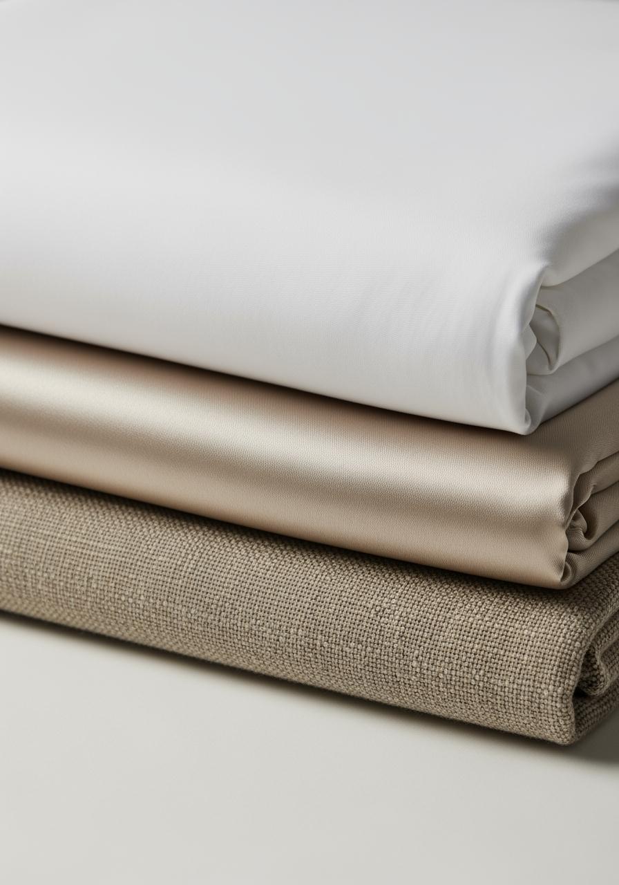 Pile de tissus de linge de lit de haute qualité : percale de coton mate, satin de coton lustré et lin lavé texturé.