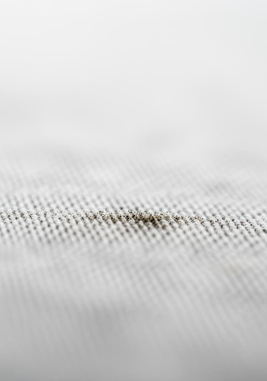 Vue macroscopique de petites taches de moisissure se développant sur la fibre d'un tissu, représentant les risques pour la santé.