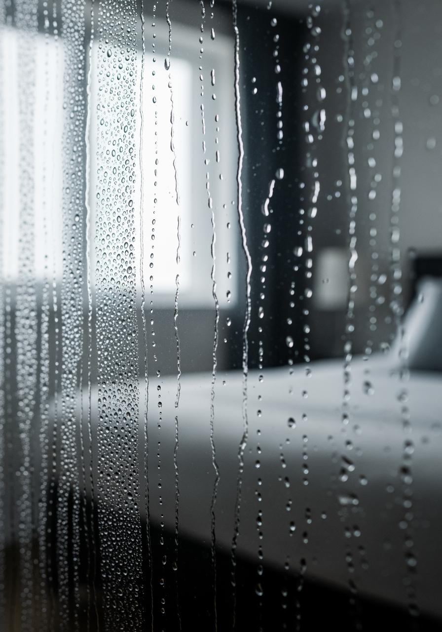 Gouttes de condensation coulant sur une vitre de chambre, illustrant une cause d'humidité ambiante.