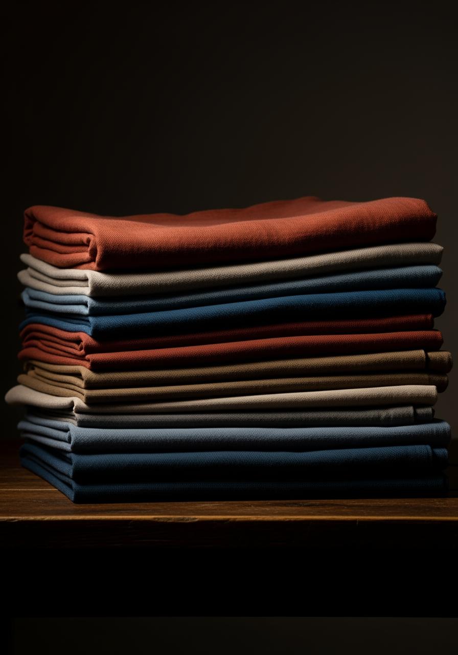 Une pile de tissus en lin lavé de haute qualité, soigneusement pliés, dans une palette de couleurs riches et complémentaires, éclairée de manière dramatique.