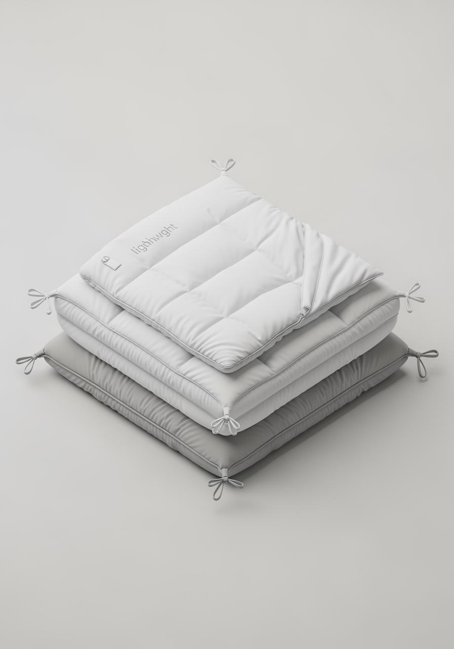 Illustration isométrique montrant les deux couches distinctes d'une couette 4 saisons, une légère et une tempérée, prêtes à être assemblées.