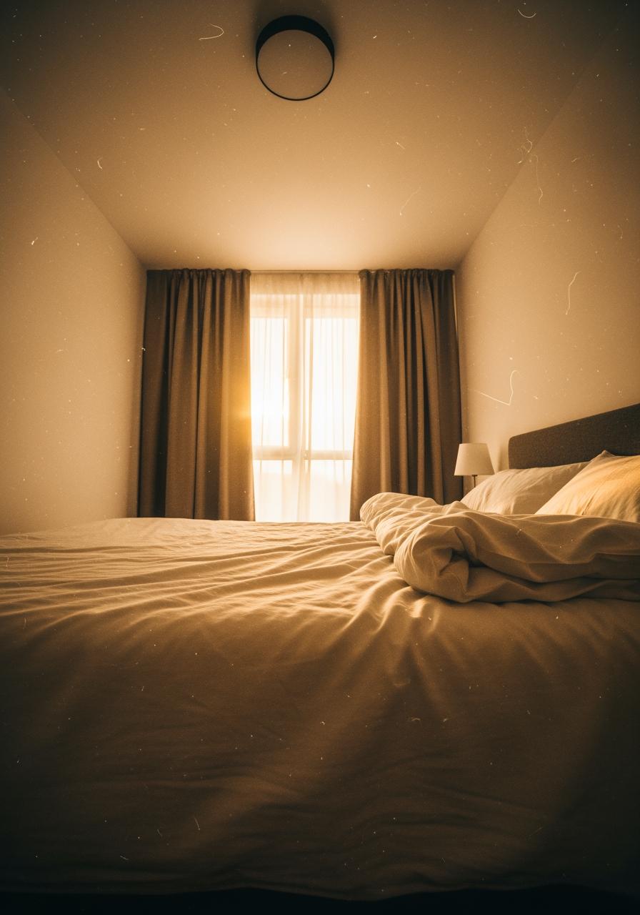 Un lit parfaitement fait avec une couette épaisse et confortable, baigné dans la lumière chaude du matin, invitant au repos et au confort.