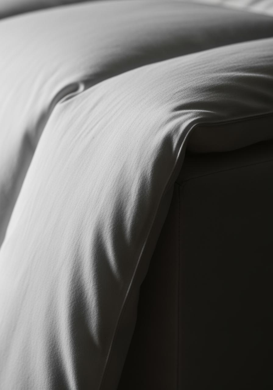 Gros plan sur le tissu d'une enveloppe de couette en percale de coton blanc, montrant la texture fine et le piquage carré.