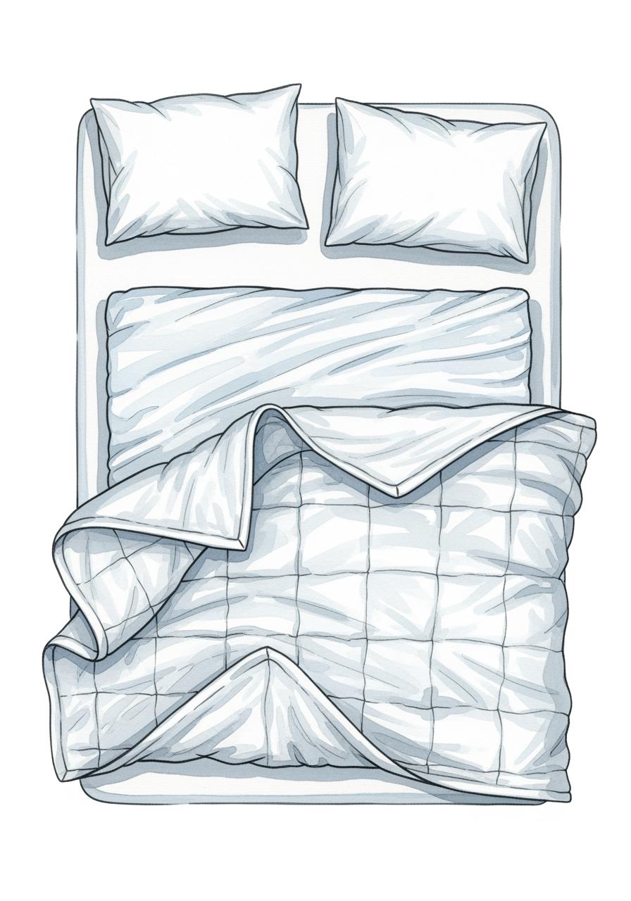 Illustration en aquarelle vue de dessus d'un lit avec des couches de literie d'été.