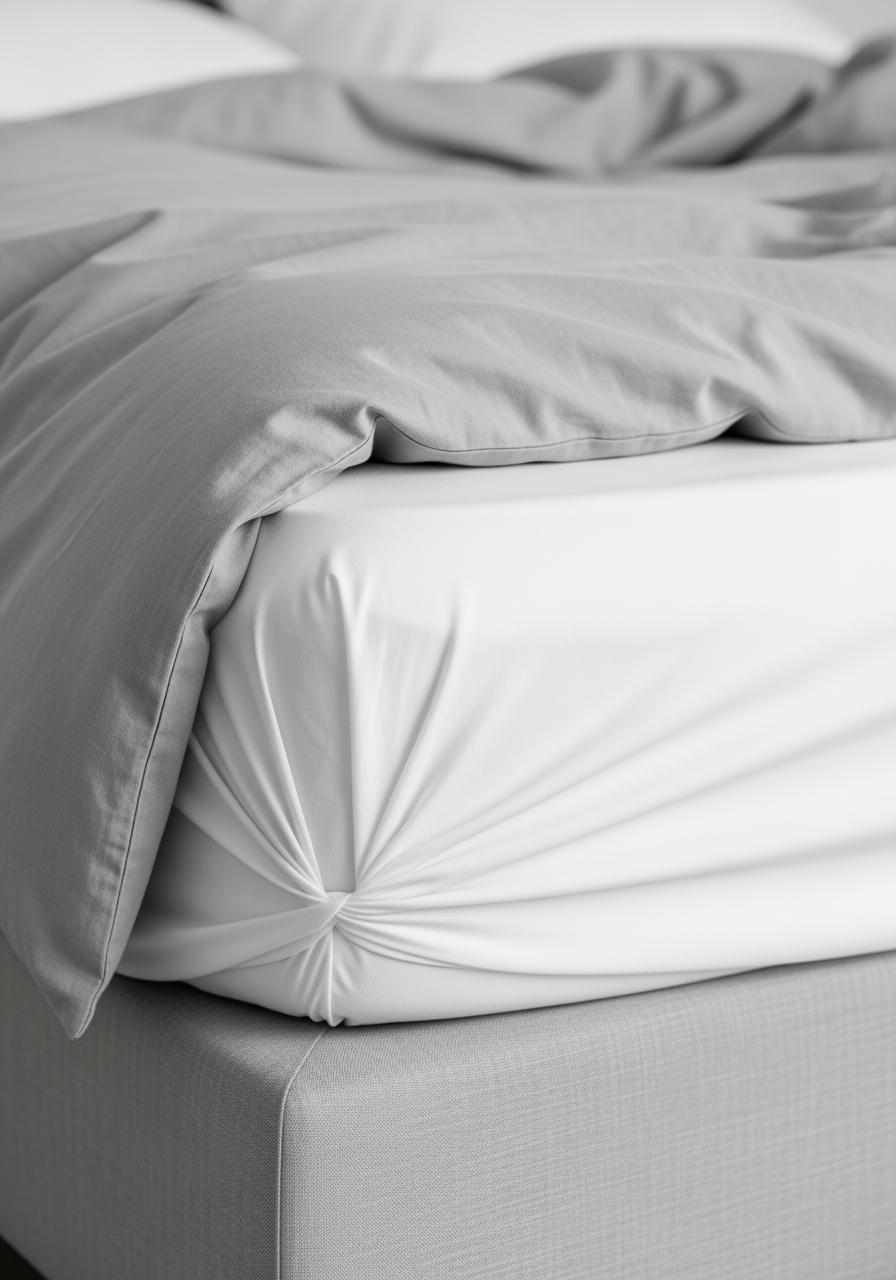 Gros plan sur le coin d'un lit impeccablement fait, avec un drap blanc parfaitement tendu sous une couette grise, symbolisant la tranquillité et un sommeil parfait.