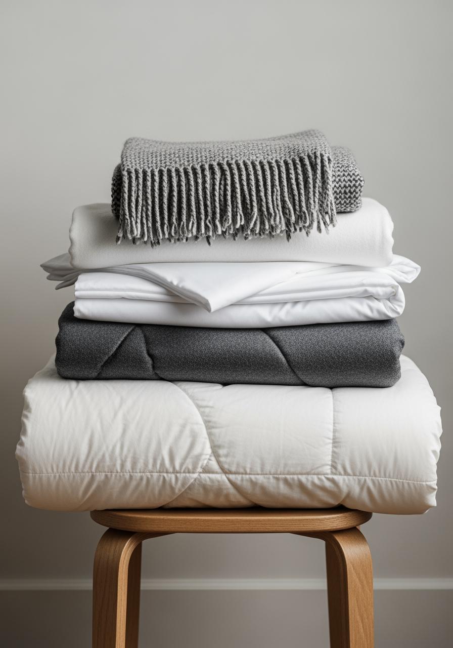 Une pile ordonnée de différentes couches de literie (couette, draps, couverture) sur un tabouret, représentant l'analyse des composants du lit.