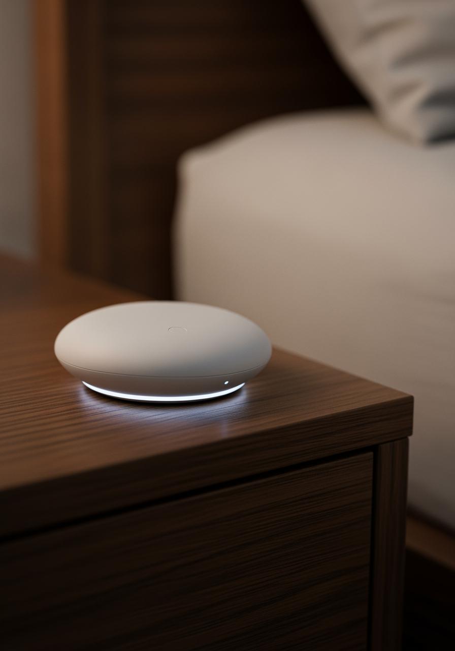 Un dispositif de suivi du sommeil, lisse et minimaliste, posé sur une table de nuit, représentant le futur de la technologie du sommeil.