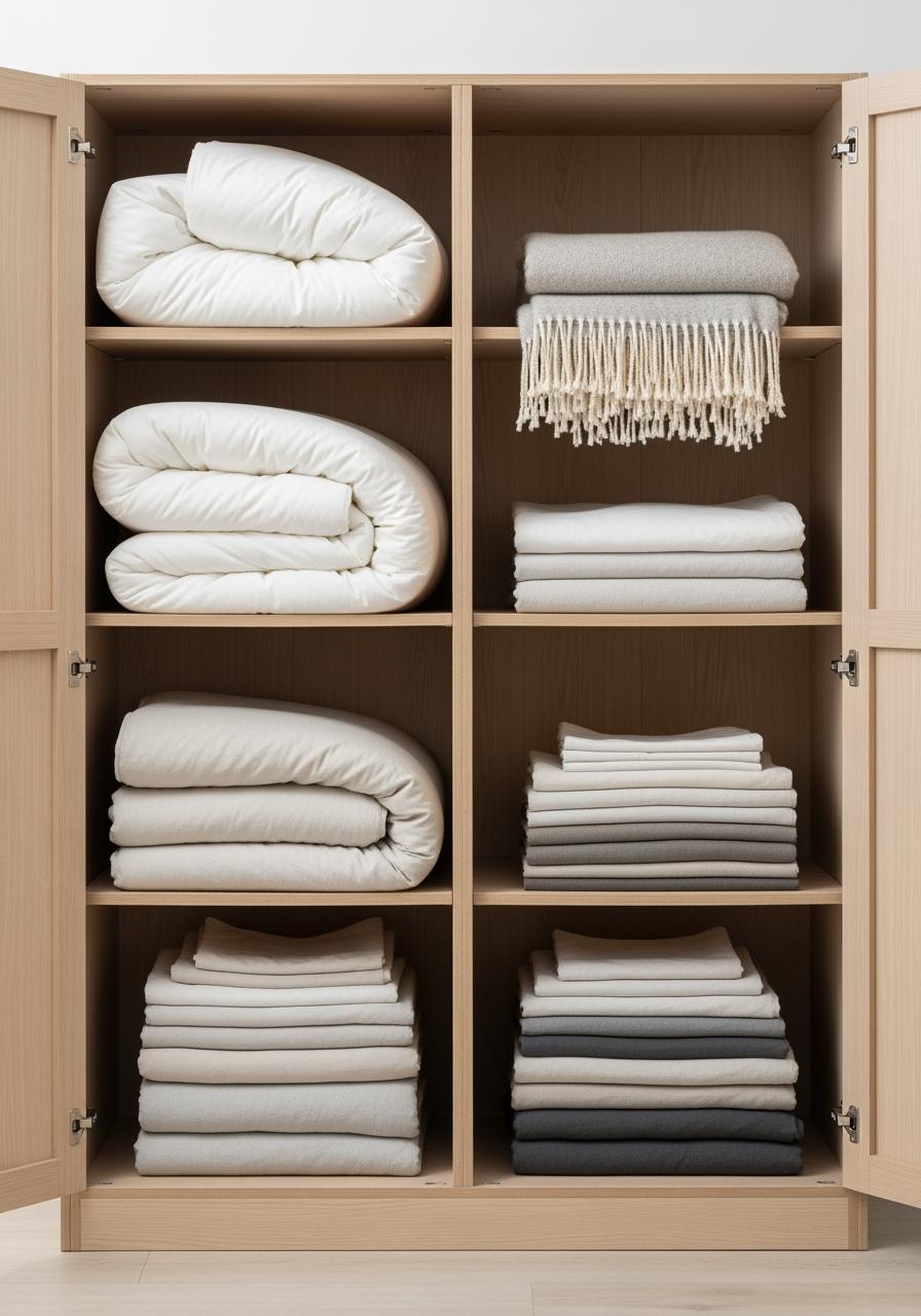 Une armoire ouverte et organisée présentant un choix de literie : couettes d'hiver et d'été, et différents types de draps, pour personnaliser son confort.