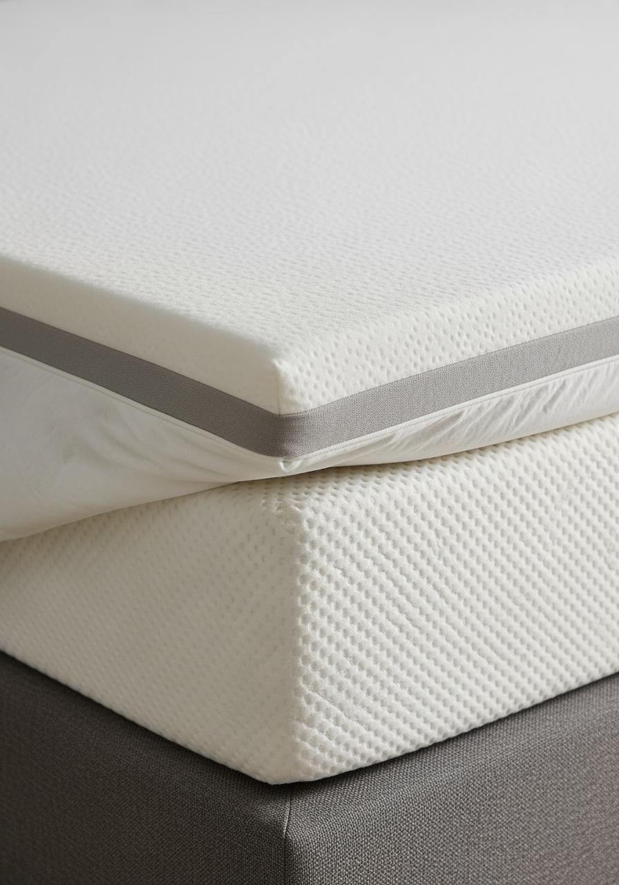 Le coin d'un matelas où un surmatelas est légèrement retourné, montrant la superposition et la texture des deux couches de base du lit.