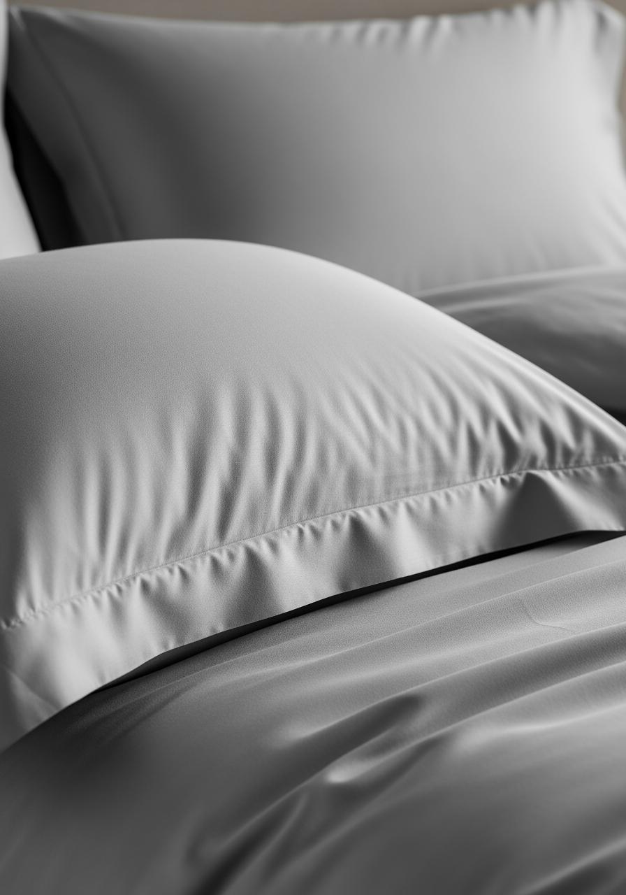 Gros plan sur un oreiller avec une taie en satin de coton gris argenté, montrant la douceur et le drapé du tissu.