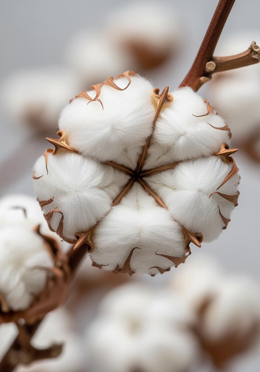 Gros plan sur une fleur de cotonnier blanche et douce, montrant la fibre de coton brute.
