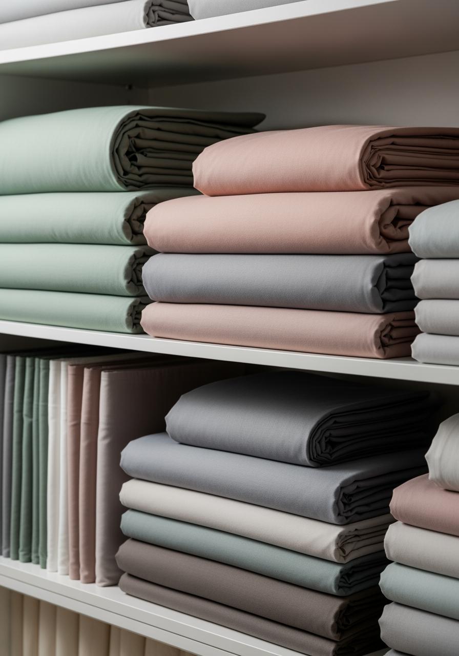 Une armoire à linge bien organisée avec des piles de parures de lit en satin de coton de différentes couleurs.
