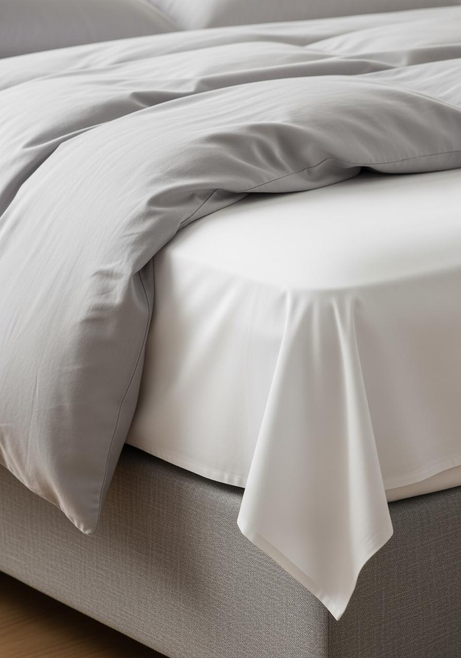 Un coin de lit avec une couette en satin de coton légèrement relevée, suggérant la respirabilité et la légèreté.