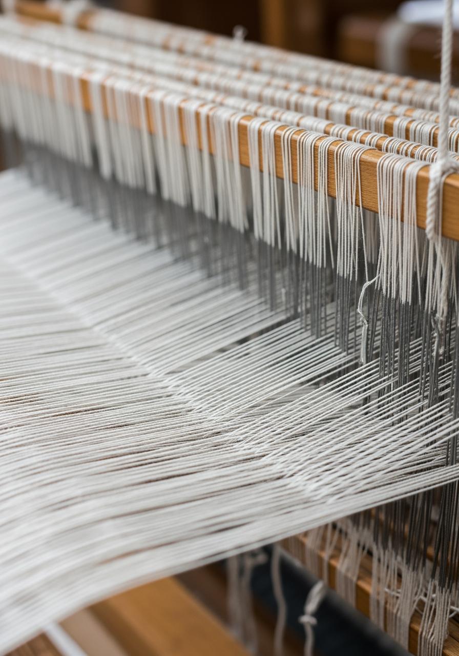 Gros plan sur les fils de coton d'un métier à tisser, illustrant le savoir-faire textile portugais traditionnel et la qualité de la fabrication.