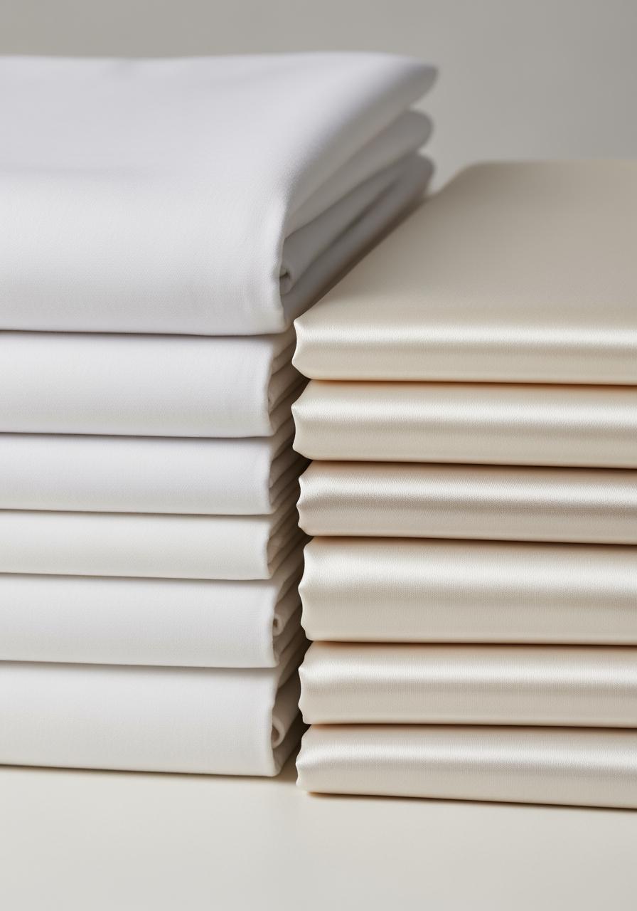 Comparaison visuelle des textures de la percale de coton mate et du satin de coton soyeux, pliés côte à côte.