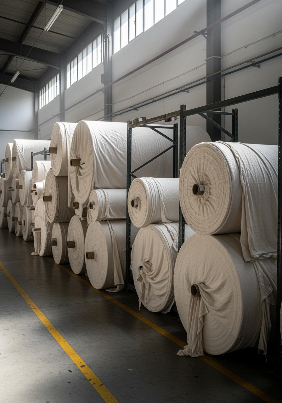 Des rouleaux de tissu brut de haute qualité dans un entrepôt textile portugais, représentant l'investissement dans les matières premières qui justifie le prix.