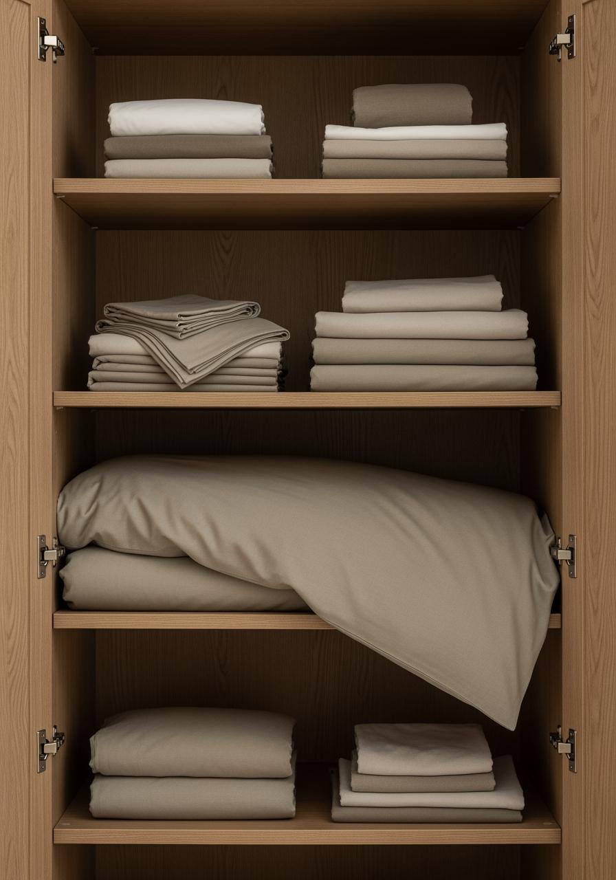 Une pile de linge de lit portugais de qualité, soigneusement pliée dans un placard en bois, symbolisant un investissement durable et judicieux.