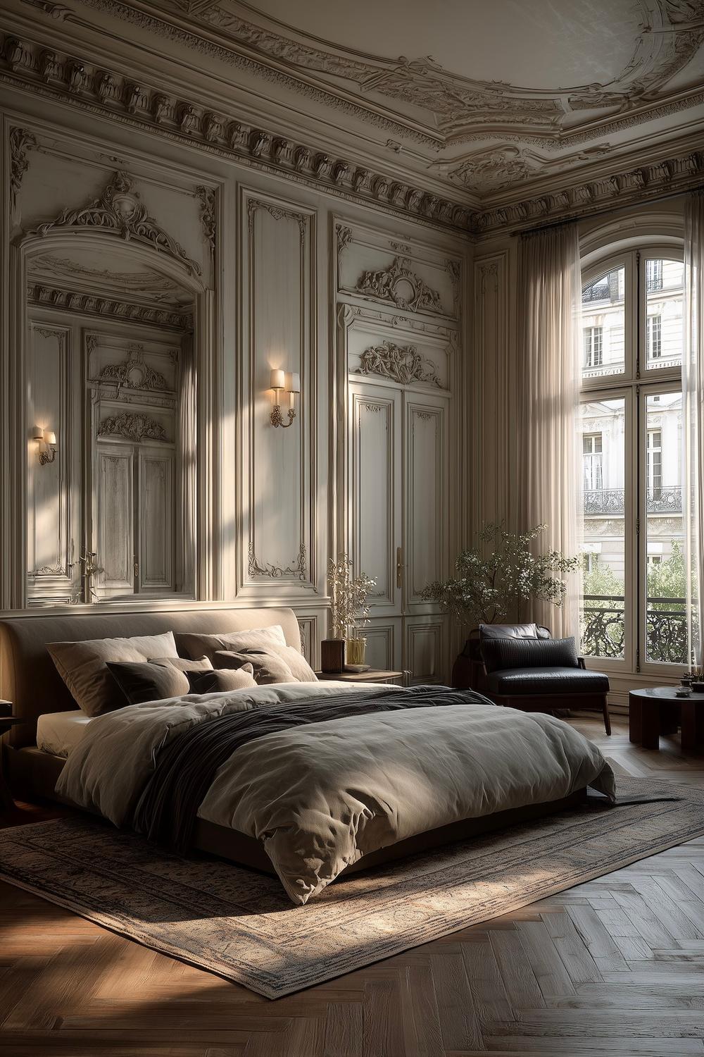 chambre haussmannienne parisienne moulures élégantes