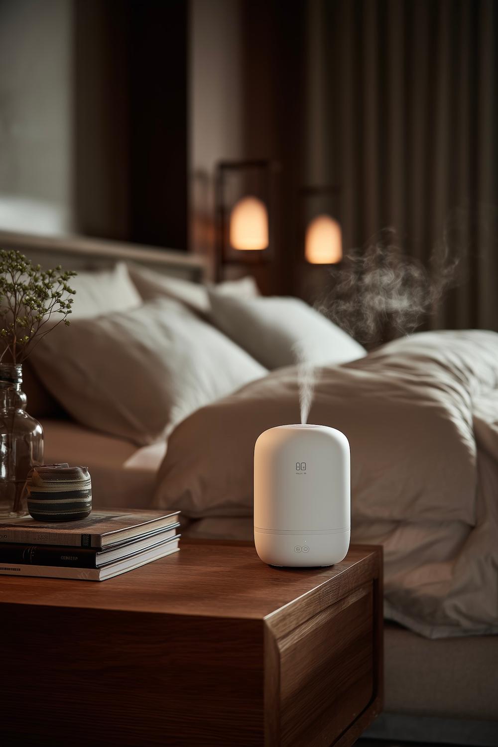 table chevet bois diffuseur ambiance cocooning chambre