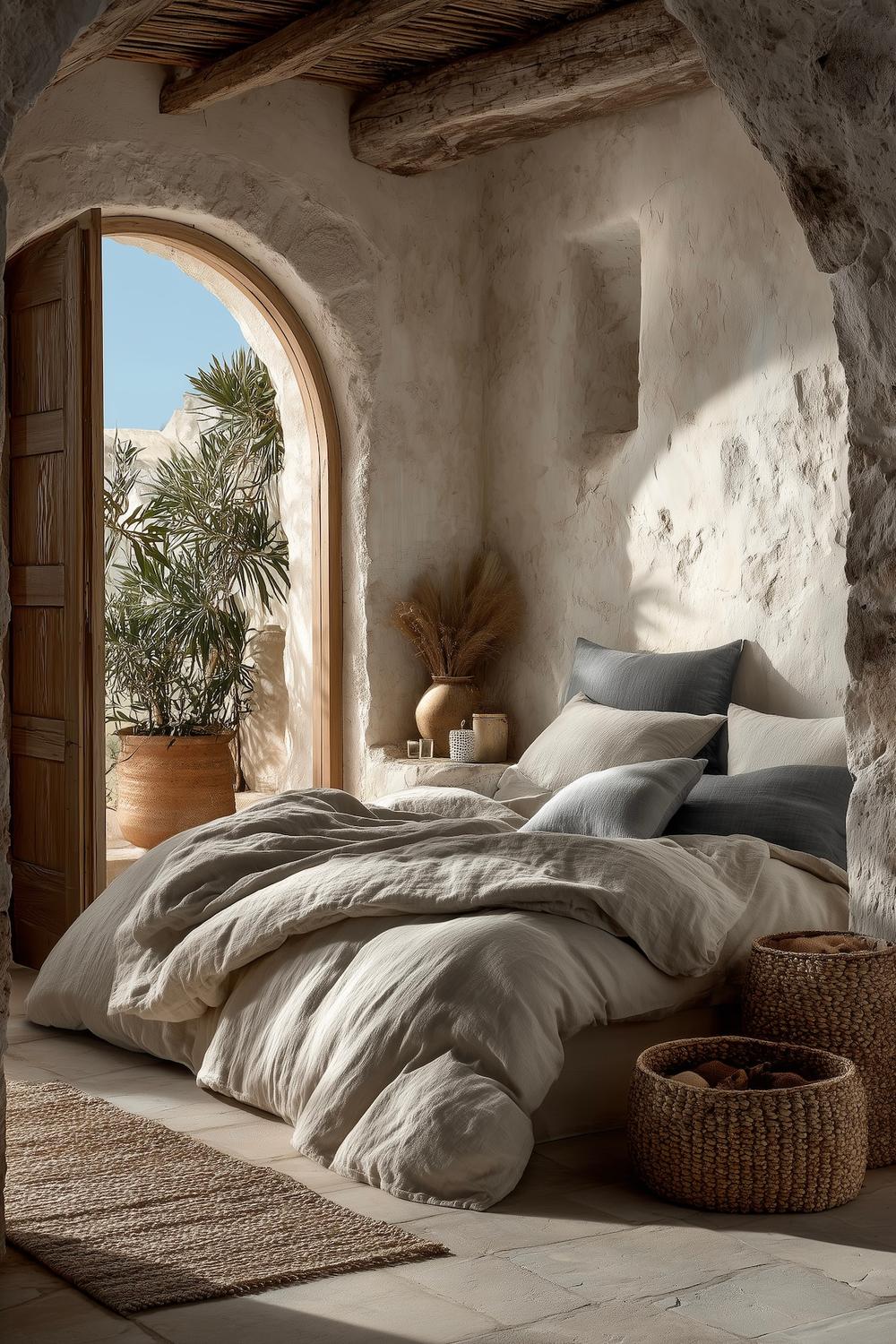 chambre méditerranéenne murs pierre linge lit clair