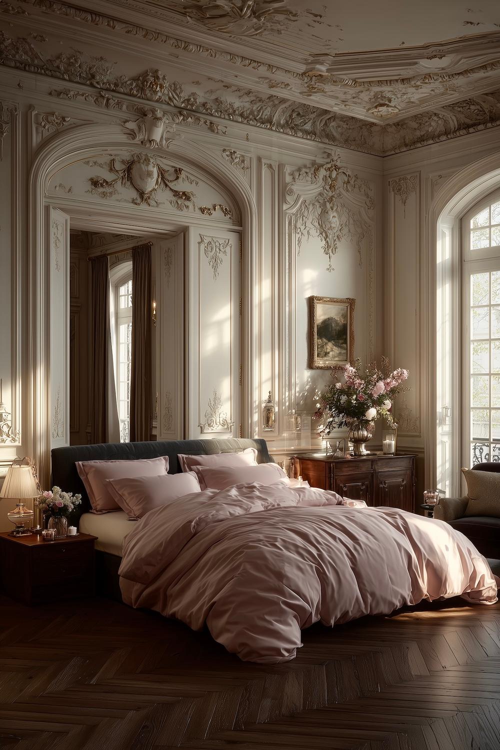 chambre haussmannienne linge lit rose poudré soie