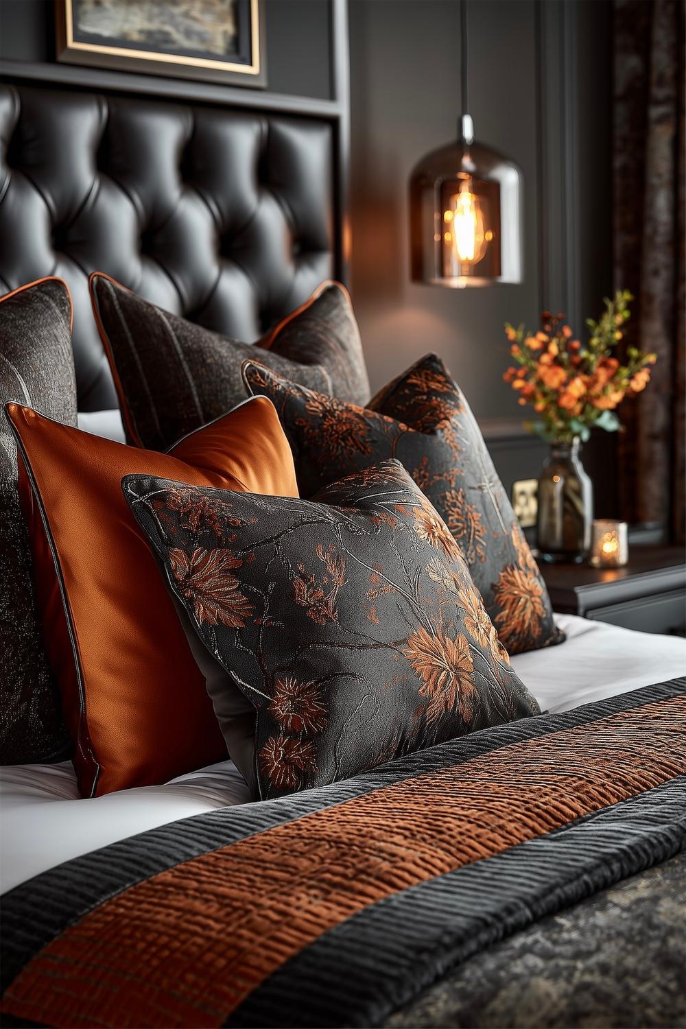 chambre boutique hotel coussins graphiques sombres