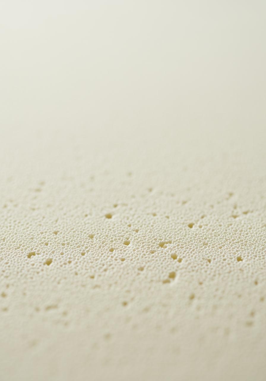 Vue macro de la structure aérée et poreuse d'une feuille de latex naturel, illustrant sa respirabilité.