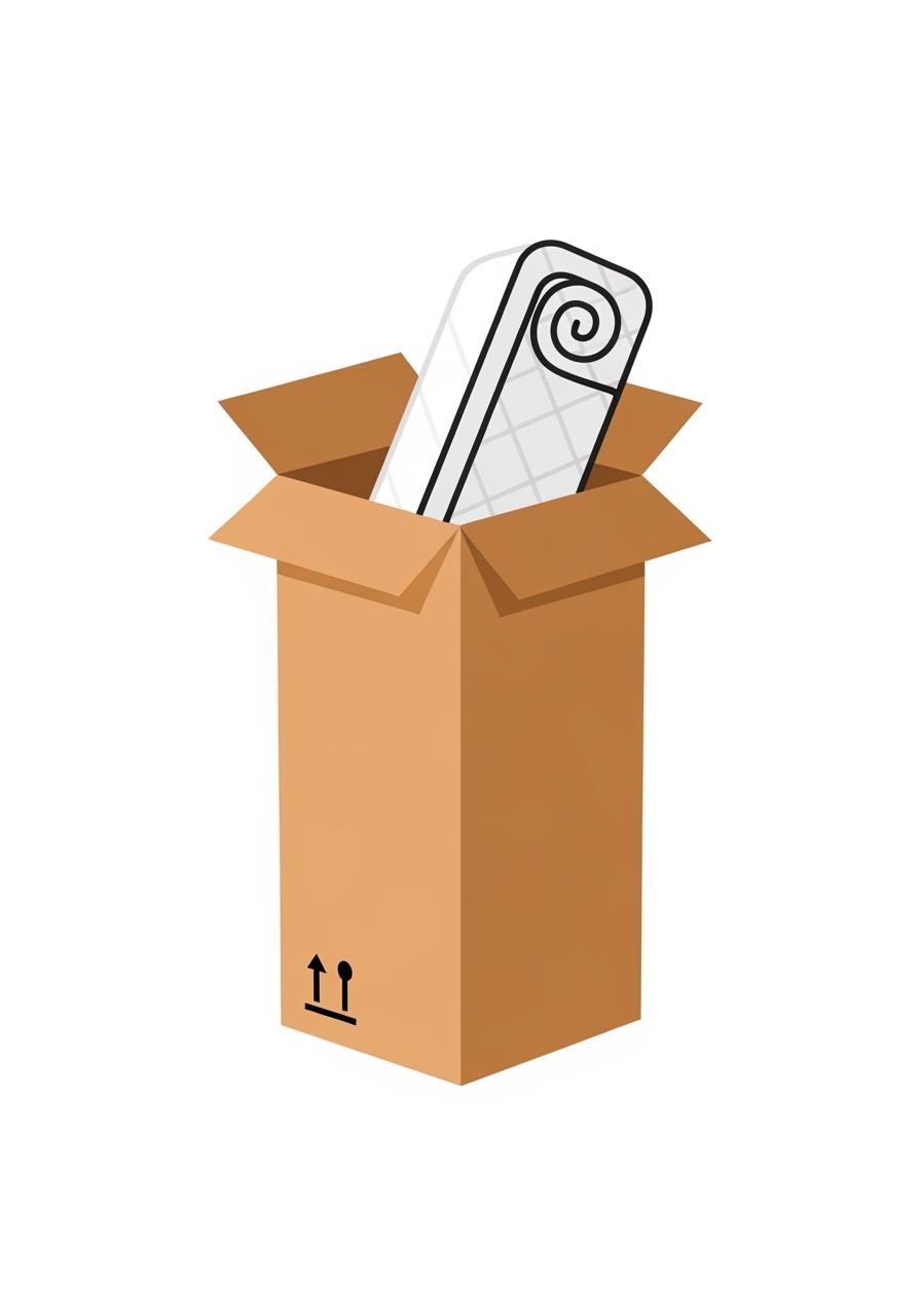 Illustration simple d'un nouveau matelas roulé et compressé dans sa boîte de livraison.