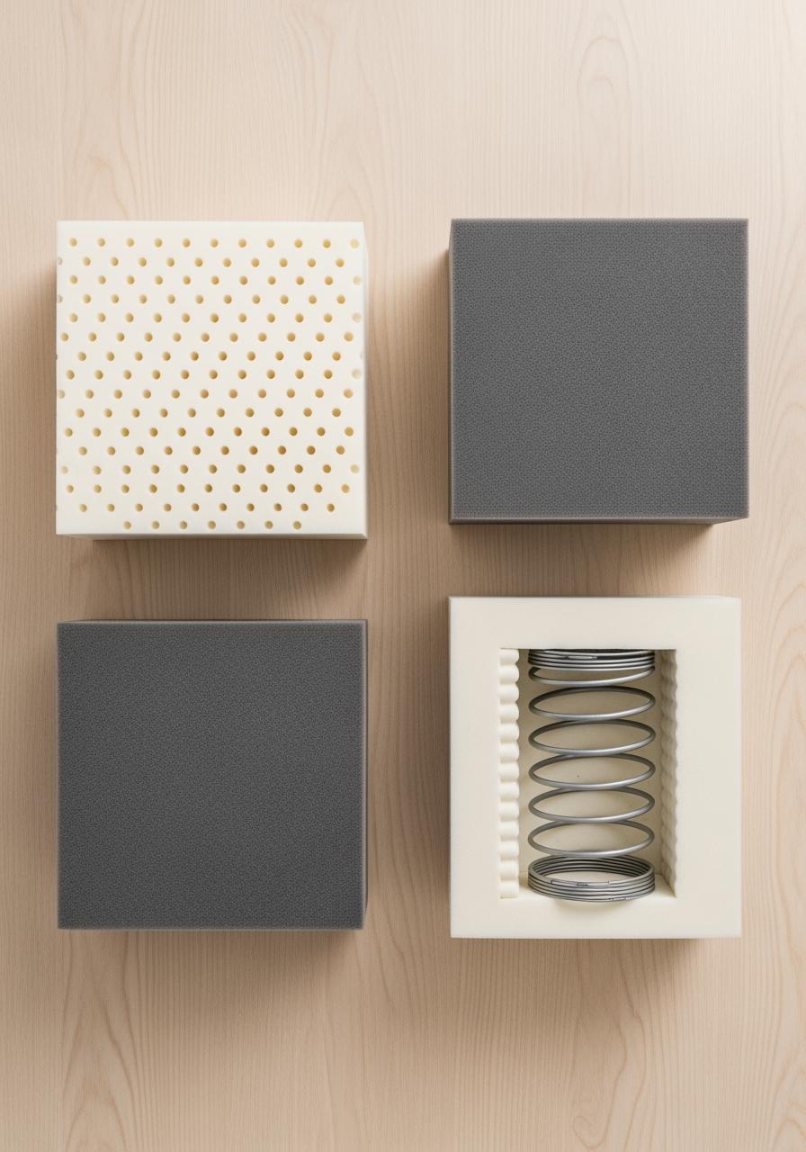 Vue de dessus de trois échantillons de matériaux de matelas : latex, mousse à mémoire de forme et ressorts ensachés.