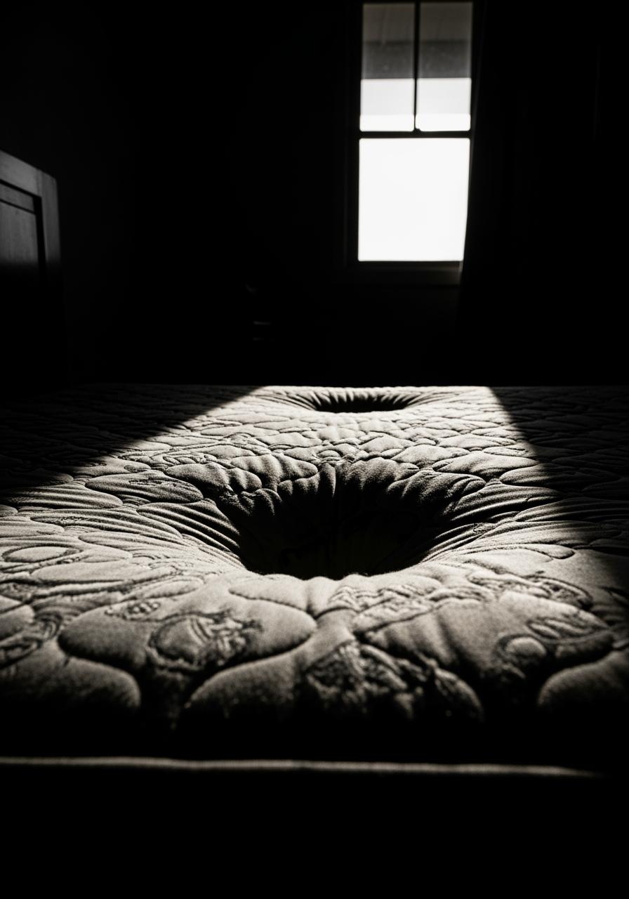 Un creux prononcé et un affaissement visible sur la surface d'un matelas usé, mis en évidence par un éclairage dramatique.